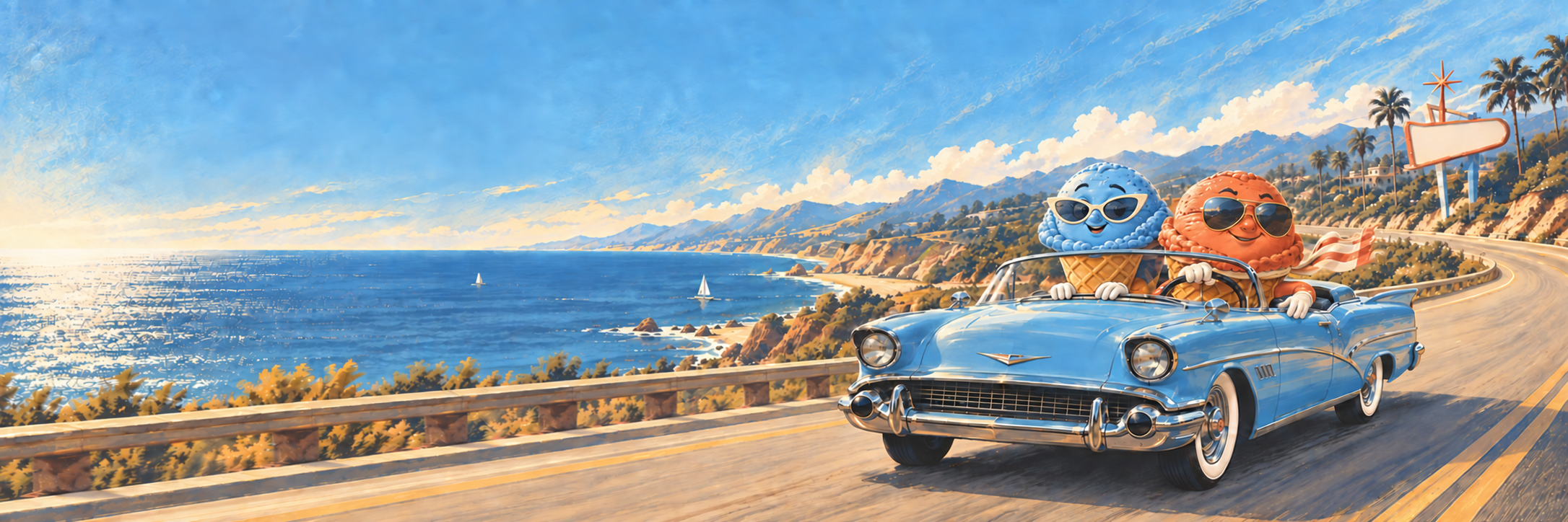Two cheerful ice cream cone characters in retro sunglasses driving a vintage convertible beside the ocean